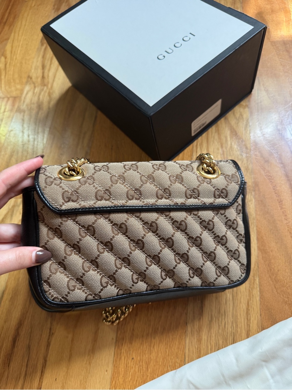 Authentic GUCCI Monogram Matelasse Mini GG Marmont in Beige and Ebony - Picture 6 of 6